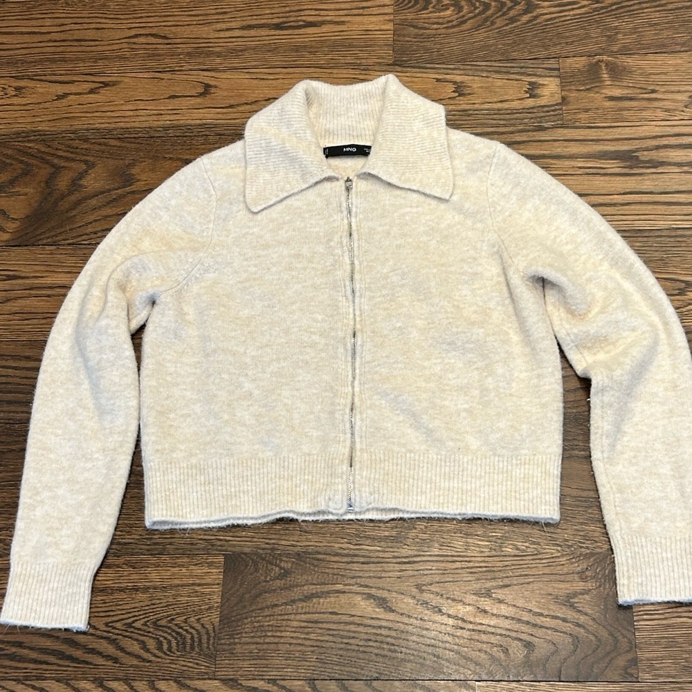 Mango Light Beige Zip-Front Collared Cardigan Sweater